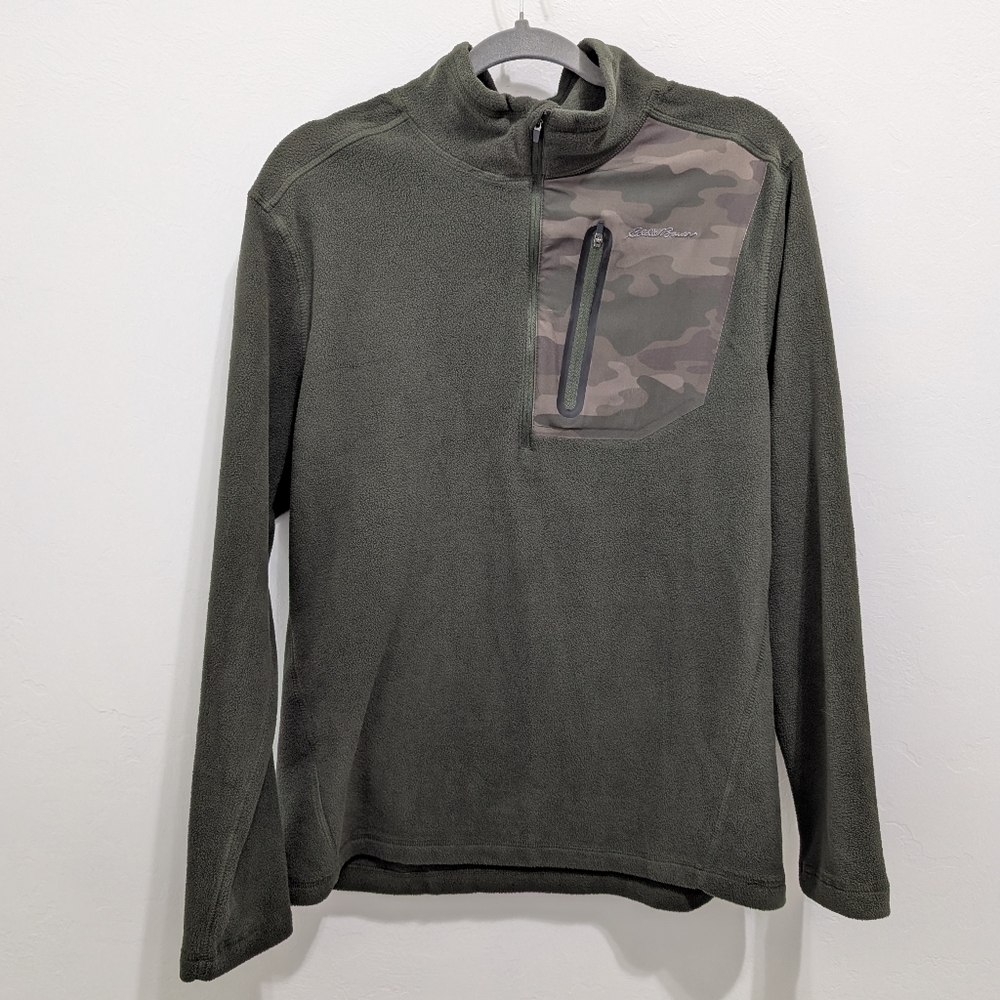 Eddie Bauer Green Quarter-Zip Fleece Teddy Fur Pullover with Camo Pocket Size M